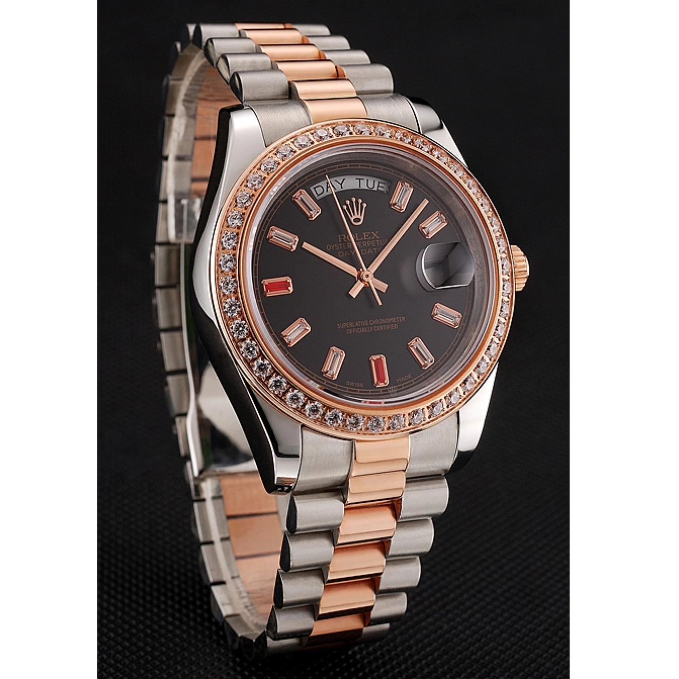 Aaa fake watches Rolex Bracelet Swiss Staineless Dial Rose Black Diamonds Rubies Steel And 1454106 Gold Day-Date And 1029